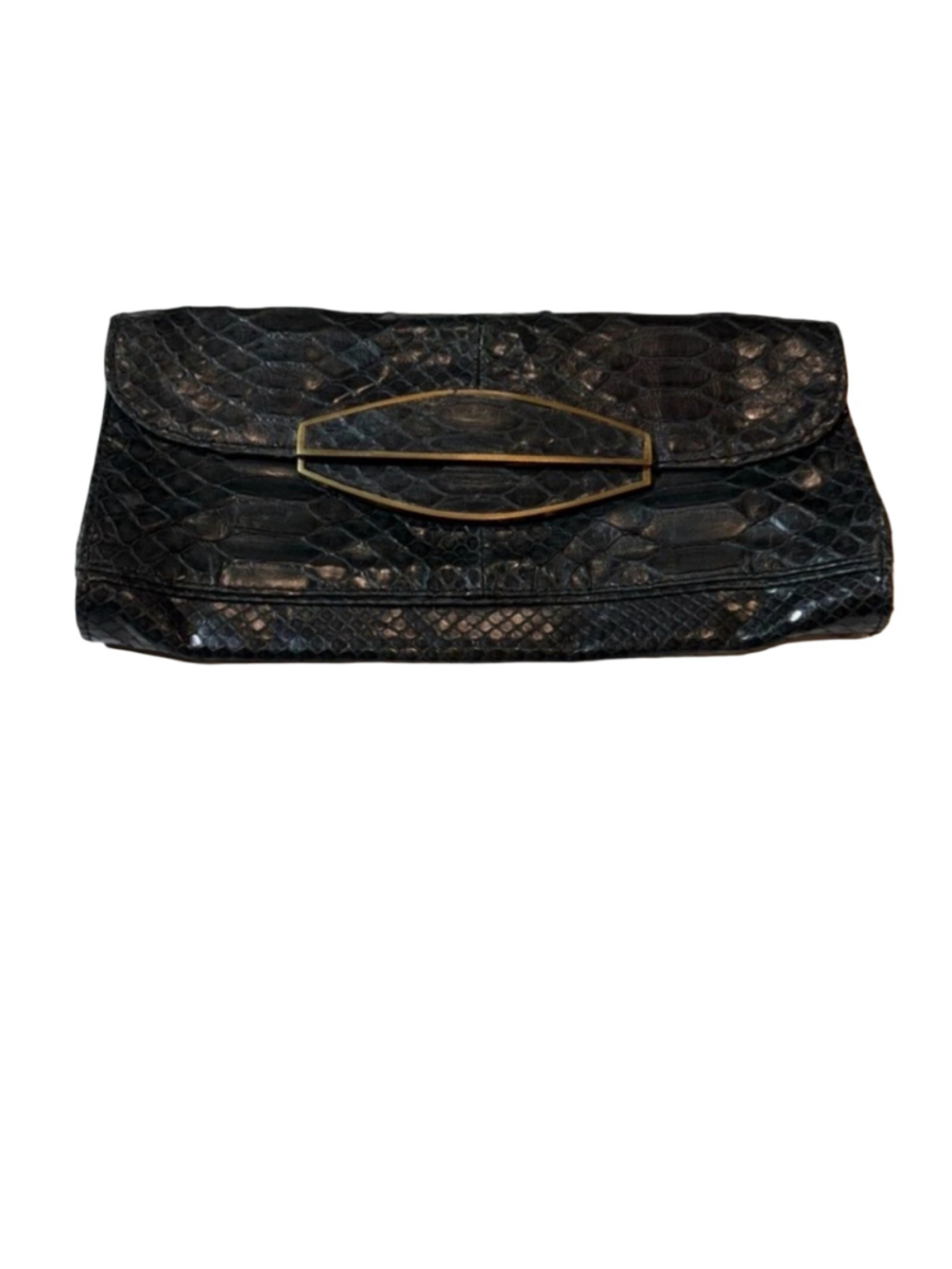 R&Y Augousti Python Snakeskin Clutch Black Gold Frame Exotic Evening Bag